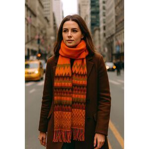 Made in Scotland 100% Cashmere Scarf Orange Green Red Chevron Fringe 64"x12"